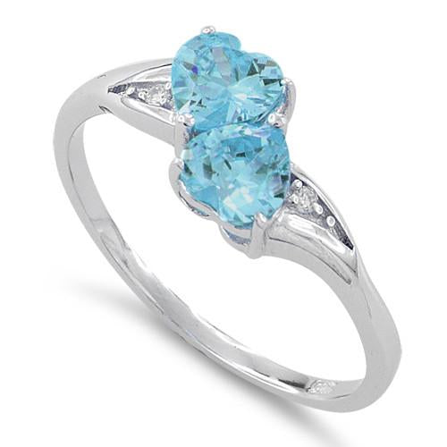 Sterling Silver Double Heart Aquamarine CZ Ring