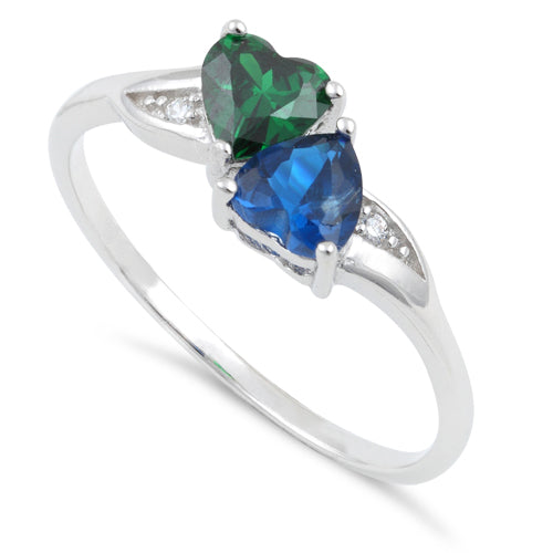 Sterling Silver Double Heart Dark Green & Blue Spinel Topaz CZ Ring