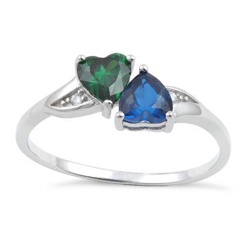 Sterling Silver Double Heart Dark Green & Blue Spinel Topaz CZ Ring