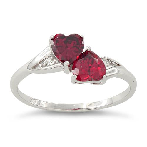 Sterling Silver Double Heart Dark Pink Topaz CZ Ring