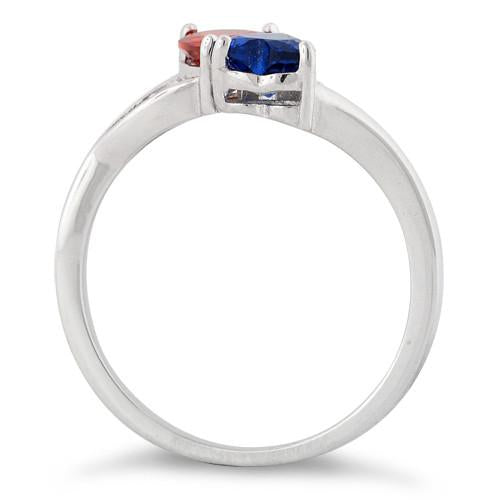 Sterling Silver Double Heart Garnet & Blue Spinnel CZ Ring