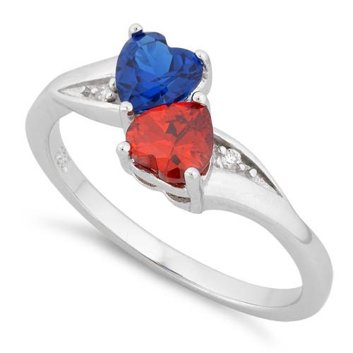 Sterling Silver Double Heart Garnet & Blue Spinnel CZ Ring