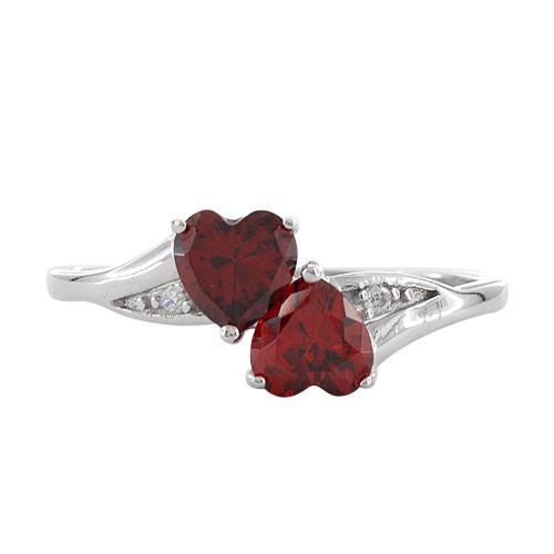 Sterling Silver Double Heart Garnet CZ Ring