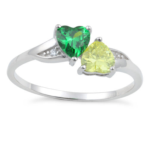 Sterling Silver Double Heart Green & Apple Green CZ Ring