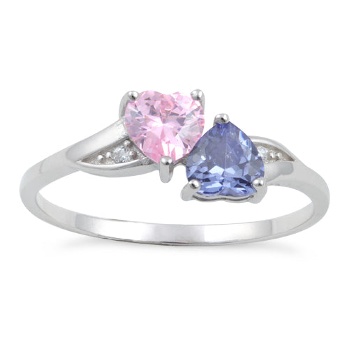 Sterling Silver Double Heart Light Tanzanite & Pink CZ Ring