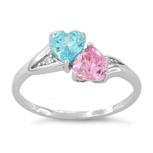 Sterling Silver Double Heart Pink & Aquamarine CZ Ring