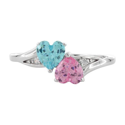 Sterling Silver Double Heart Pink & Aquamarine CZ Ring