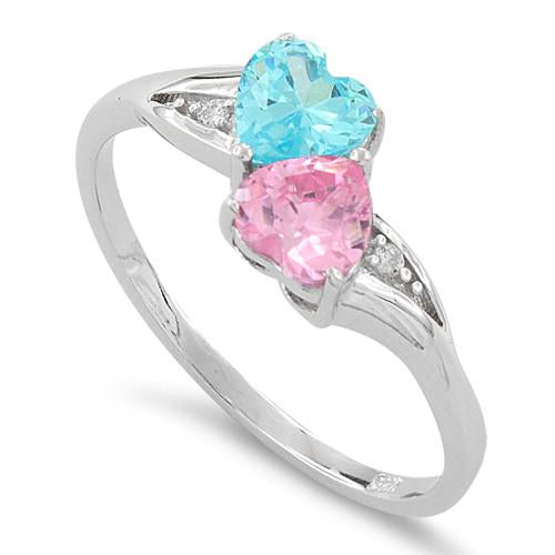 Sterling Silver Double Heart Pink & Aquamarine CZ Ring