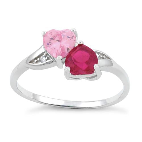 Sterling Silver Double Heart Pink & Dark Pink CZ Ring
