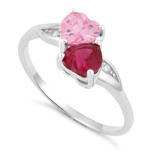 Sterling Silver Double Heart Pink & Dark Pink CZ Ring