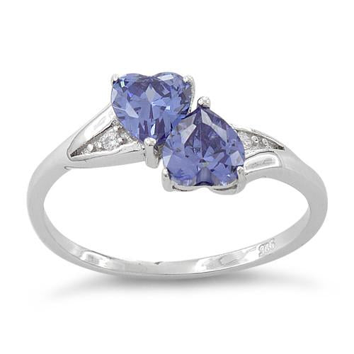Sterling Silver Double Heart Tanzanite CZ Ring