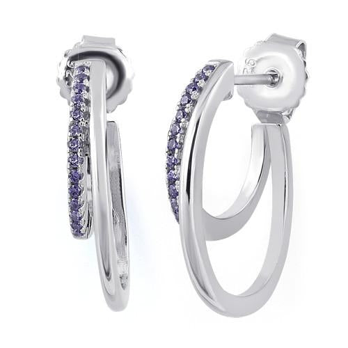 Sterling Silver Double Hoop Amethyst CZ Earrings