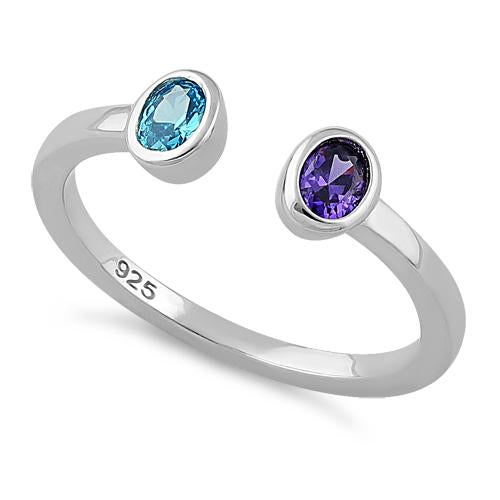 Sterling Silver Double Oval Cut Amethyst & Blue Topaz CZ Ring