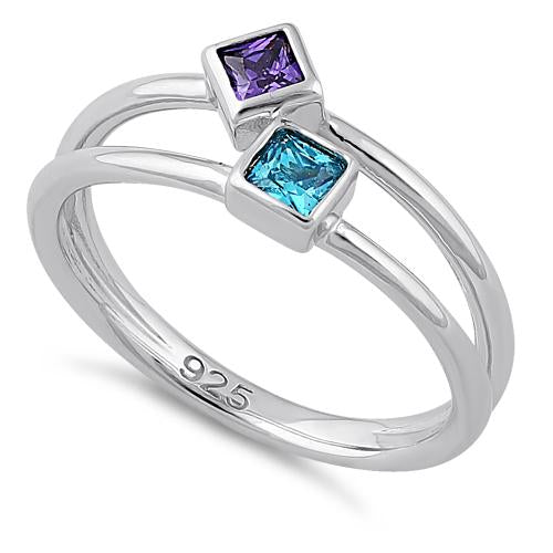 Sterling Silver Double Princess Cut Amethyst & Blue Topaz CZ Ring