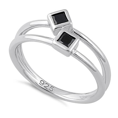 Sterling Silver Double Princess Cut Black CZ Ring