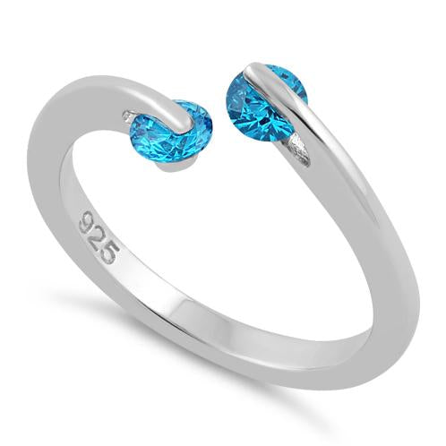 Sterling Silver Double Round Aqua Blue CZ Ring