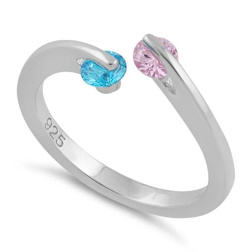 Sterling Silver Double Round Pink and Aqua Blue CZ Ring
