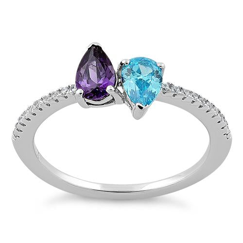 Sterling Silver Double Tear Drop Blue Topaz Amethyst CZ Ring