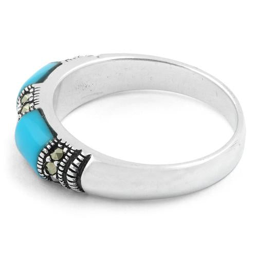 Sterling Silver Double Simulated Turquoise  Onyx Marcasite Ring