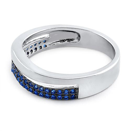 Sterling Silver Double V-Accented Blue CZ Ring