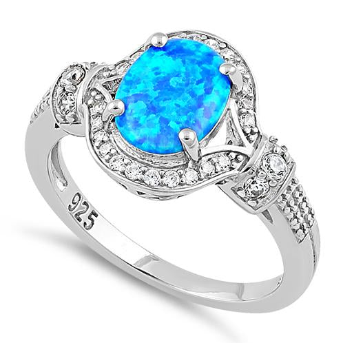 Sterling Silver Elegant Blue Oval Lab Opal CZ Ring