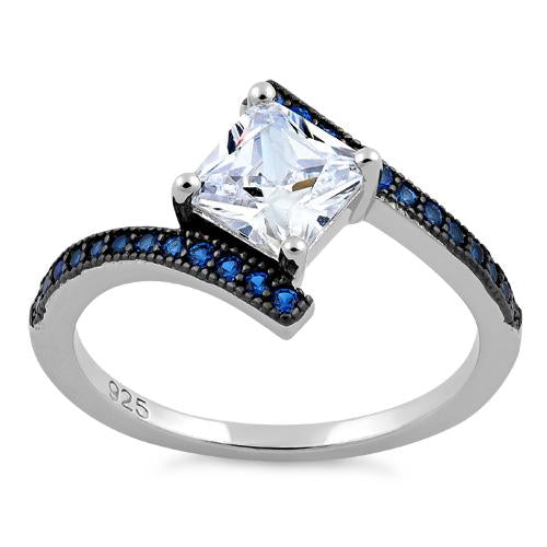 Sterling Silver Elegant Princess Cut Blue Spinel Clear CZ Ring