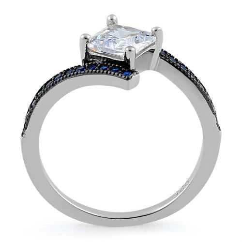 Sterling Silver Elegant Princess Cut Blue Spinel Clear CZ Ring