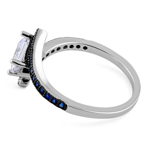Sterling Silver Elegant Princess Cut Blue Spinel Clear CZ Ring