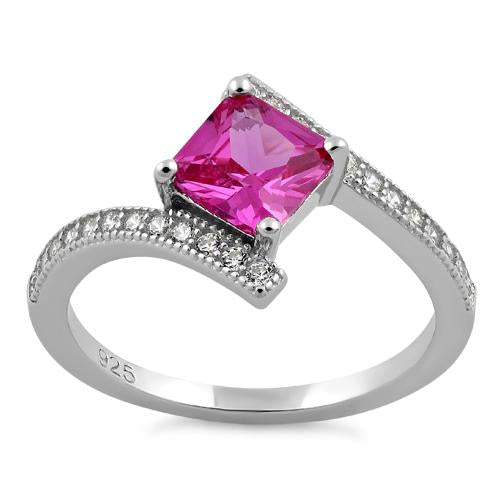 Sterling Silver Elegant Princess Cut Pink CZ Ring