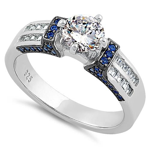 Sterling Silver Eloquent Round & Emerald Cut Clear & Blue Spinel CZ Ring