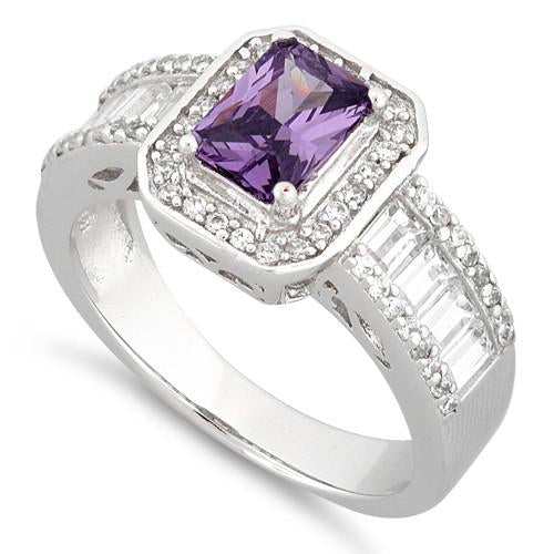 Sterling Silver Emerald Cut Amethyst Clear CZ Ring