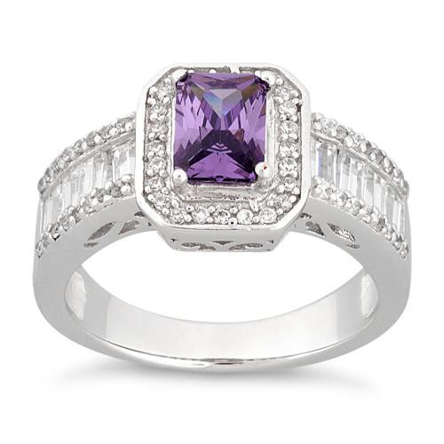 Sterling Silver Emerald Cut Amethyst Clear CZ Ring