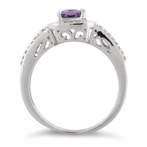 Sterling Silver Emerald Cut Amethyst Clear CZ Ring