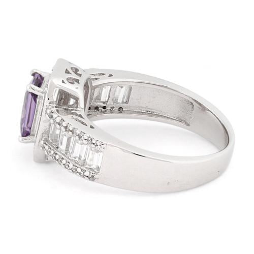 Sterling Silver Emerald Cut Amethyst Clear CZ Ring