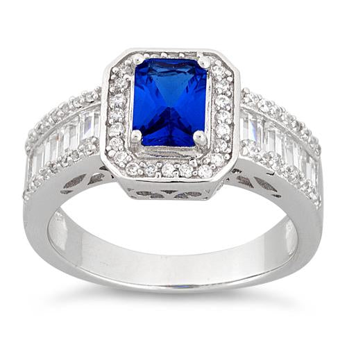 Sterling Silver Emerald Cut Blue Sapphire Clear CZ Ring