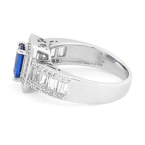 Sterling Silver Emerald Cut Blue Sapphire Clear CZ Ring