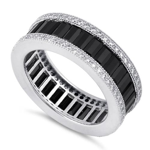 Sterling Silver Emerald Cut Eternity Pave Black CZ Ring