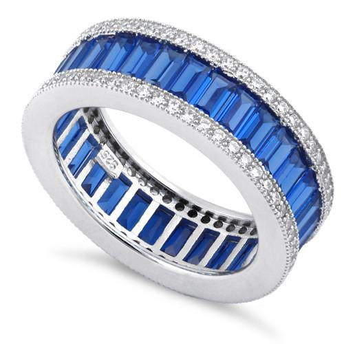 Sterling Silver Emerald Cut Eternity Pave Blue CZ Ring