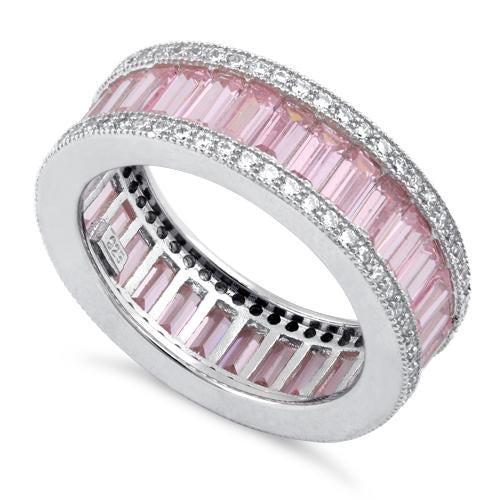 Sterling Silver Emerald Cut Eternity Pave Pink CZ Ring