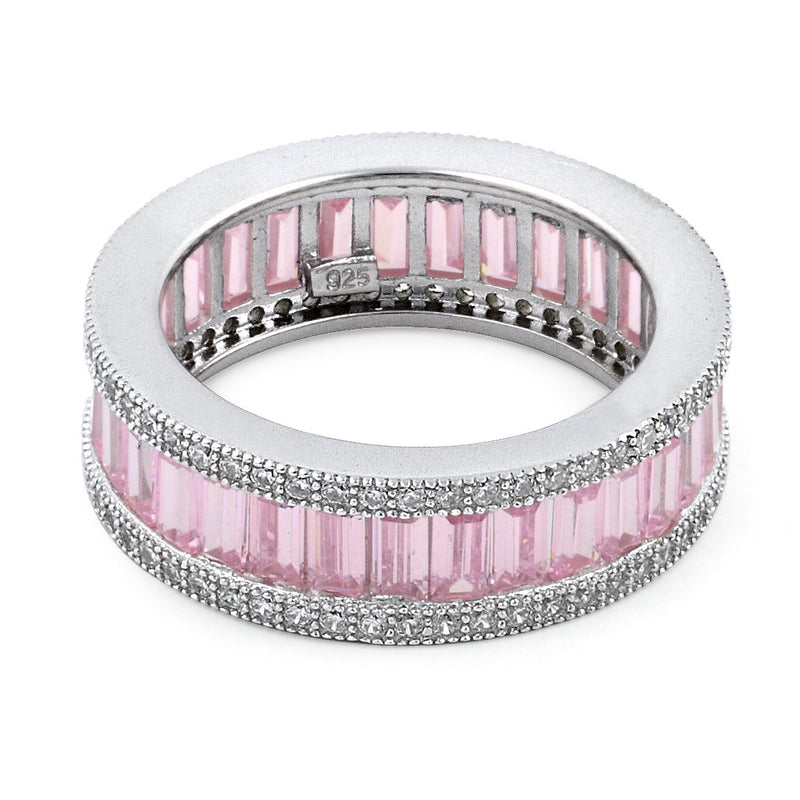 Sterling Silver Emerald Cut Eternity Pave Pink CZ Ring