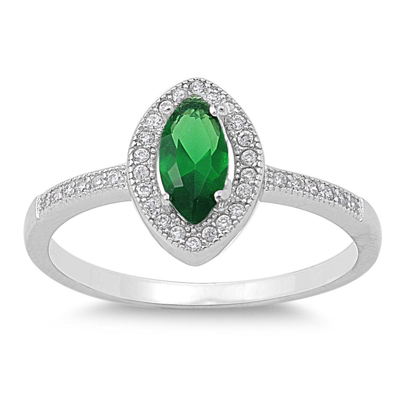 Sterling Silver Emerald CZ Marquise Halo Ring