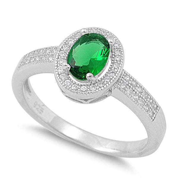 Sterling Silver Emerald CZ Oval Halo Ring