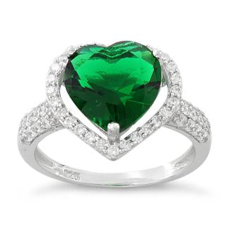 Sterling Silver Emerald Heart Halo CZ Ring