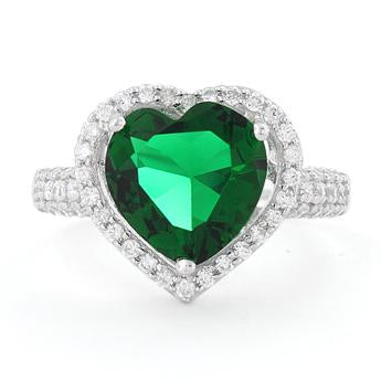 Sterling Silver Emerald Heart Halo CZ Ring