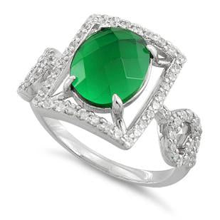 Sterling Silver Emerald Oval Framed CZ Ring