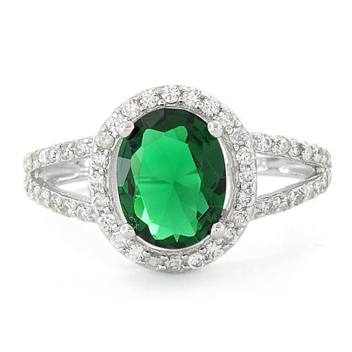 Sterling Silver Emerald Oval Halo CZ Ring