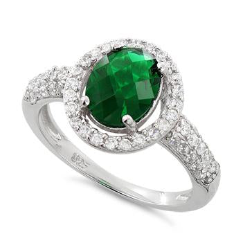 Sterling Silver Emerald Oval Halo CZ Ring