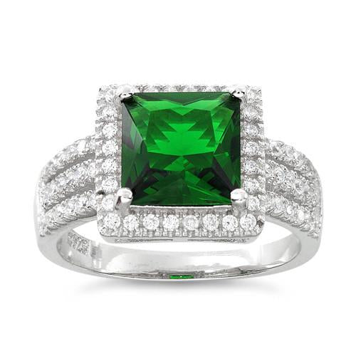 Sterling Silver Green Princess Cut CZ Halo Ring