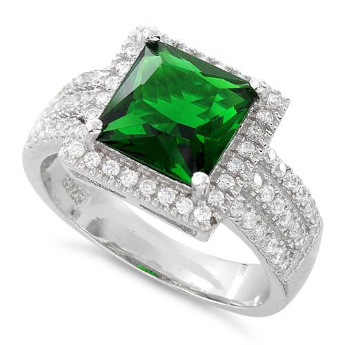 Sterling Silver Green Princess Cut CZ Halo Ring