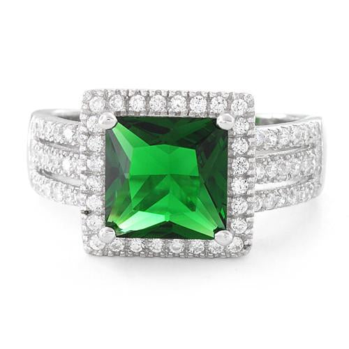 Sterling Silver Green Princess Cut CZ Halo Ring